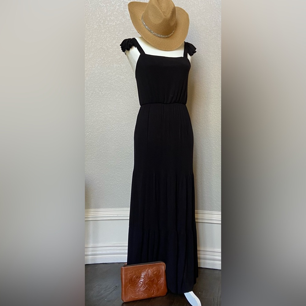 Black maxi tiered summer dress w/ ruffles accenting the shoulder straps, size S - Picture 4 of 9
